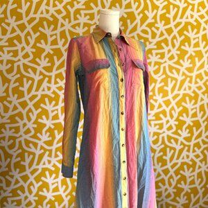 Rainbow Multicolor Pink Blue Yellow Button Shirt Maxi Dress w/ Pockets - S
